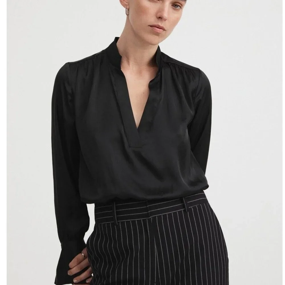 Witchery Modern Cuff Blouse Top Long Sleeve Black Satin Office Work Lux Size S 8 - Picture 1 of 13